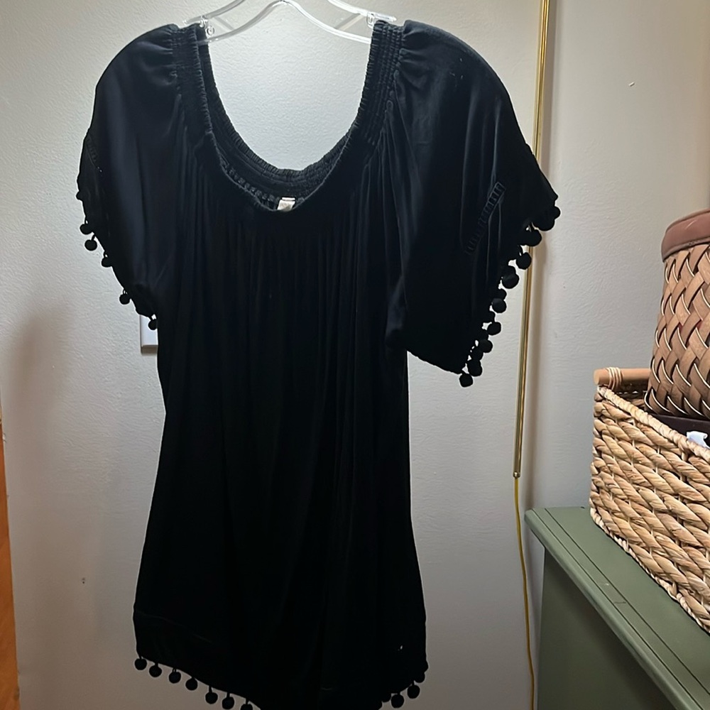 Wish list, black cotton top with pom-pom accent